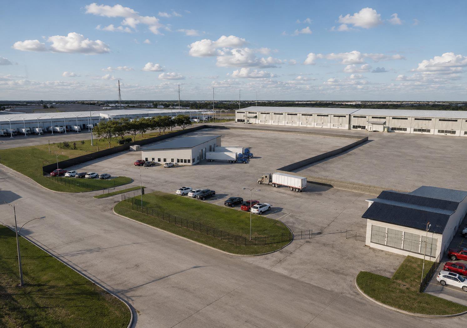 Aerial of industrial building and truck court